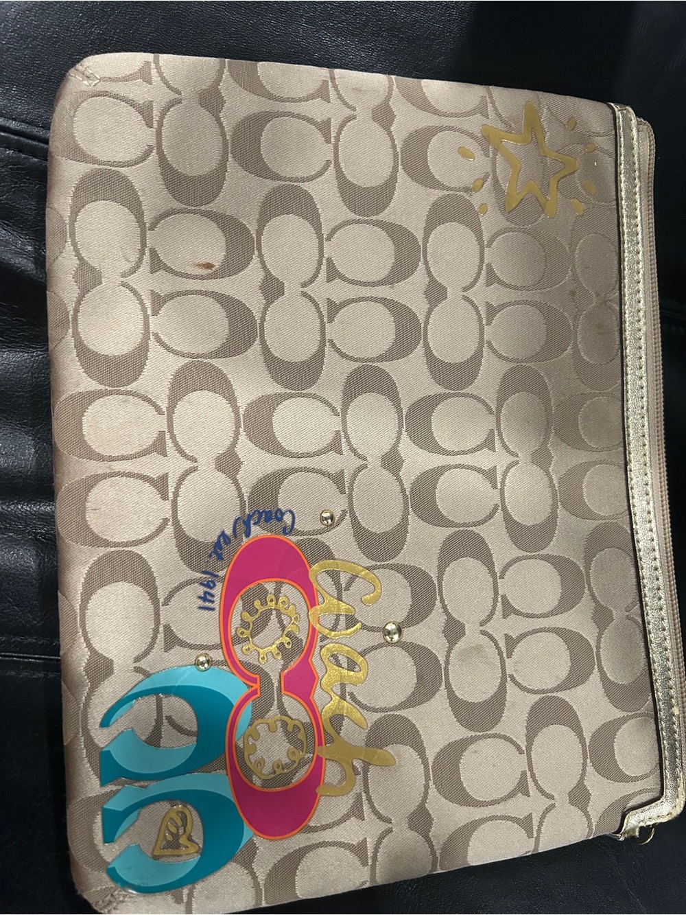 Coach Signature Pouch with Colorful Sunglasses Graphic - Beige 10.5w x 8.5L